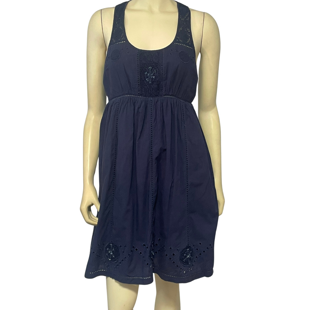 Fossil Sz M Casual Sun Dress Babydoll Bodice Crochet Details Blue Cotton Boho